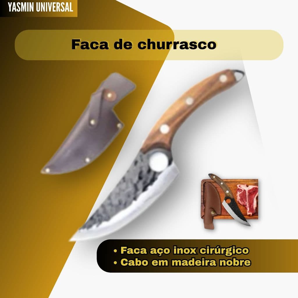 Faca de churrasco cozinha artesanal Artesanal Damasco Gourmet Profissional afiada aço inox C/bainha em couro legítimo