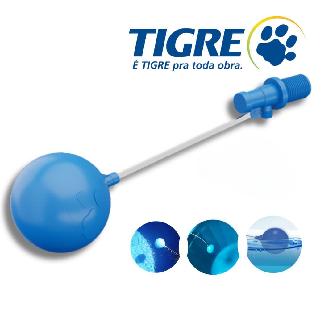 Torneira boia 3/4 para caixa d'água marca Tigre, boia azul, tubo branco, fundo branco com logotipo.