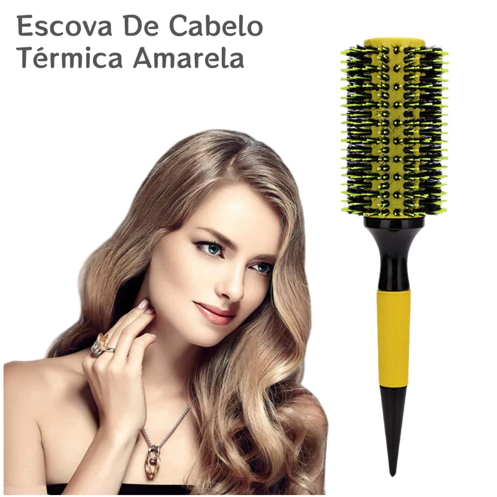 Escova De Cabelo Térmica Amarela Cerdas De Javali Mista Madeira