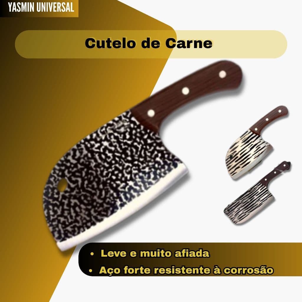 Cutelo de Carne de Alto Carbono com Cabo Marrom e Lâmina Preta e Branca
