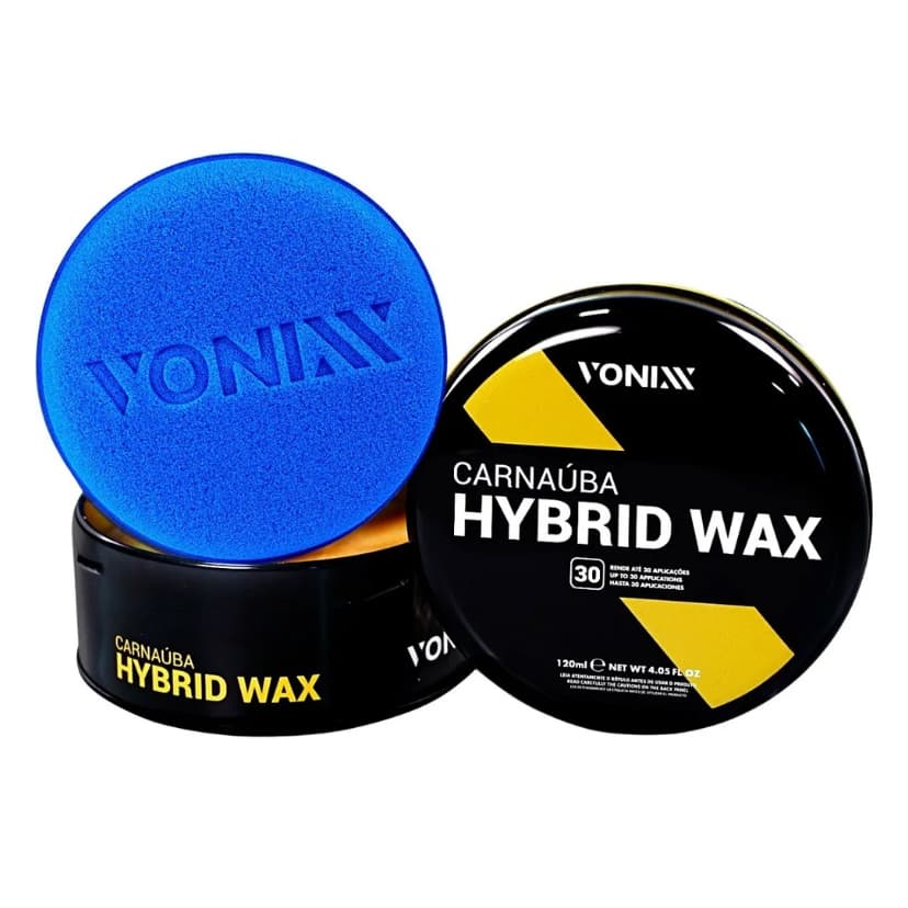 Cera Híbrida Vonixx Carnaúba em recipiente cilíndrico preto com esponja azul