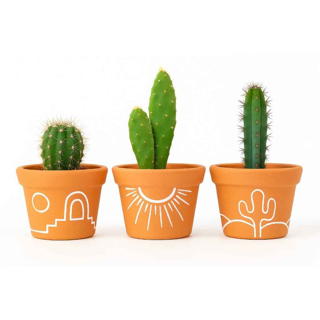 Kit 3 Vasos de Barro Estilo Sertão com Cactos