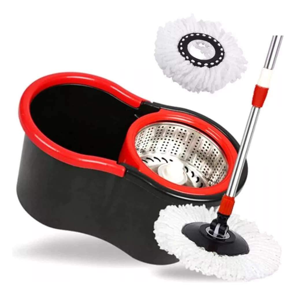 Mop de limpeza rotativo com balde preto e vermelho e esponja branca