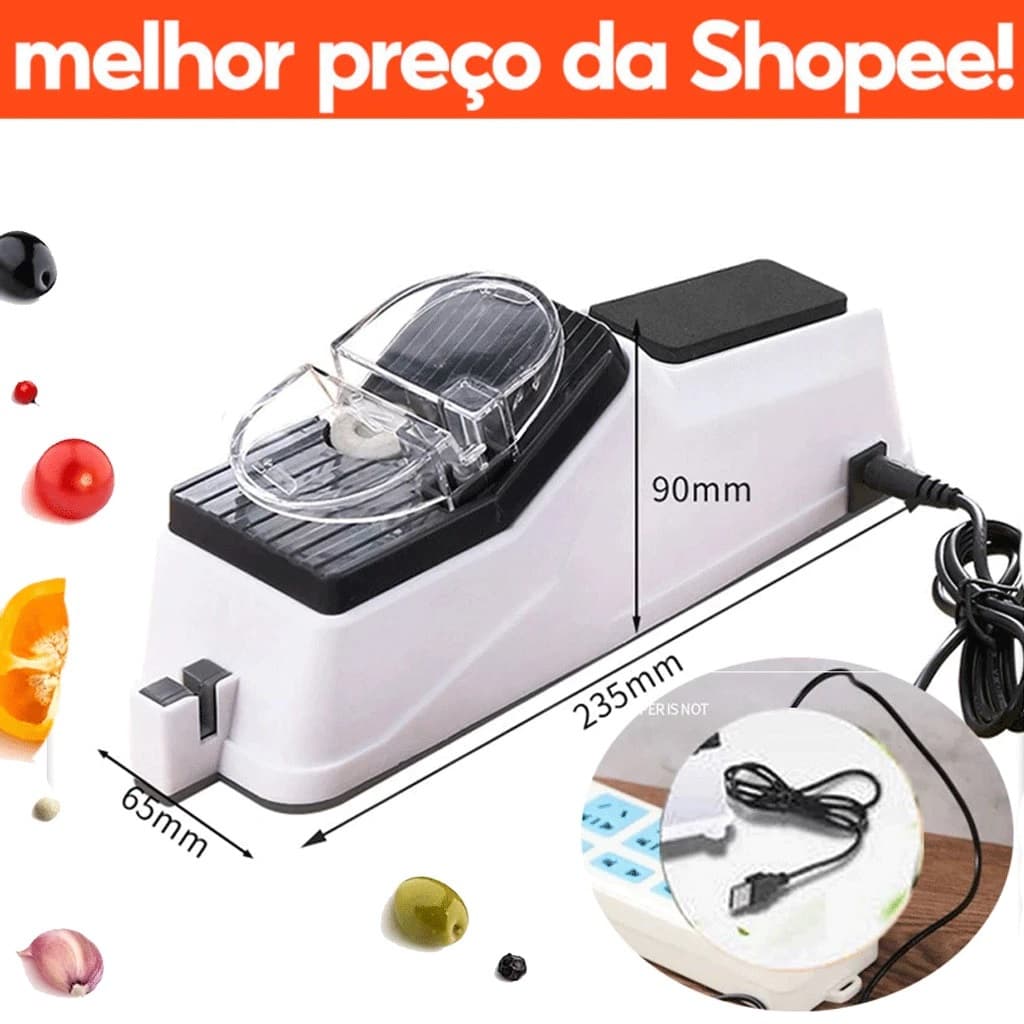 Afiador elétrico para facas e tesouras com USB, medidas 90mm, 235mm, 65mm