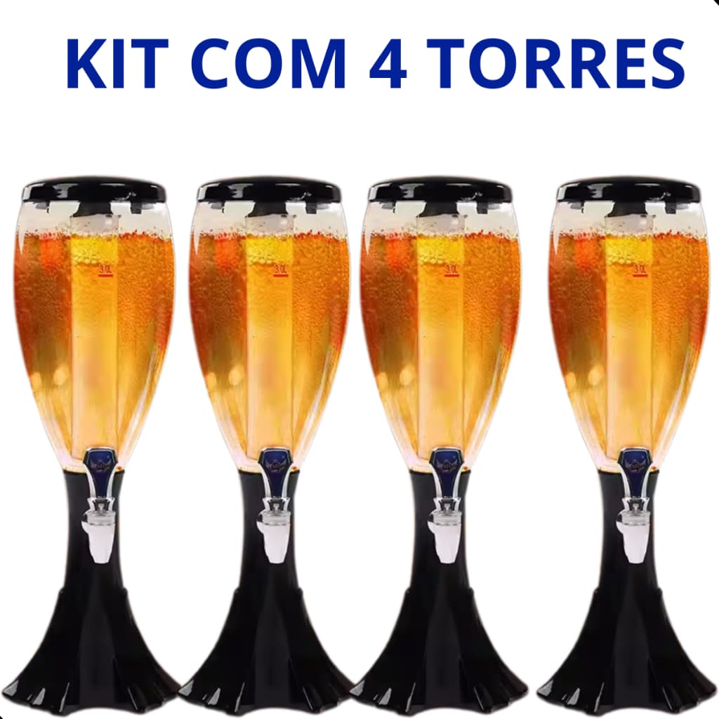 Kit com 4 torres de chopp pretas com base e tampa pretas, tubo de gelo azul, cheias de cerveja dourada com espuma