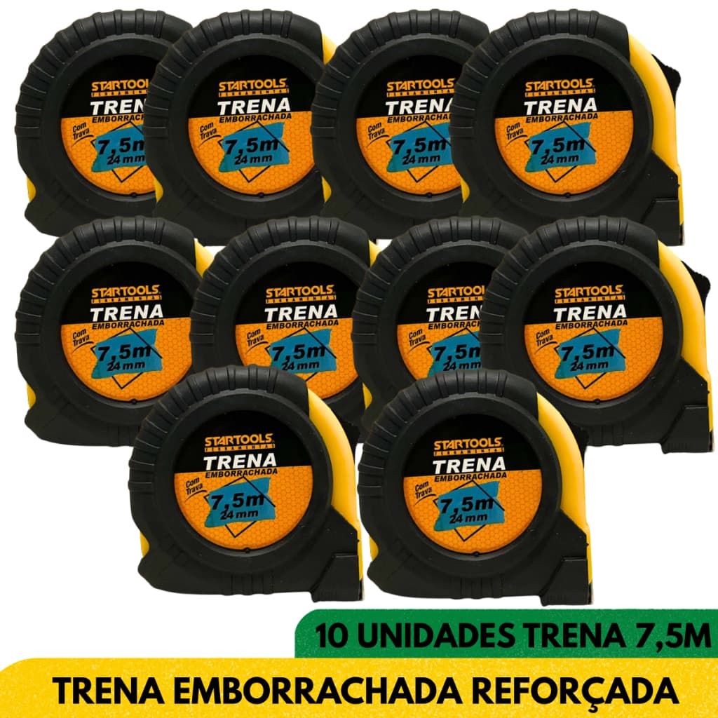 Kit 10 Trenas Fita Métrica Profissional 7,5m e 5m com Trava e Corpo Emborrachado Startools