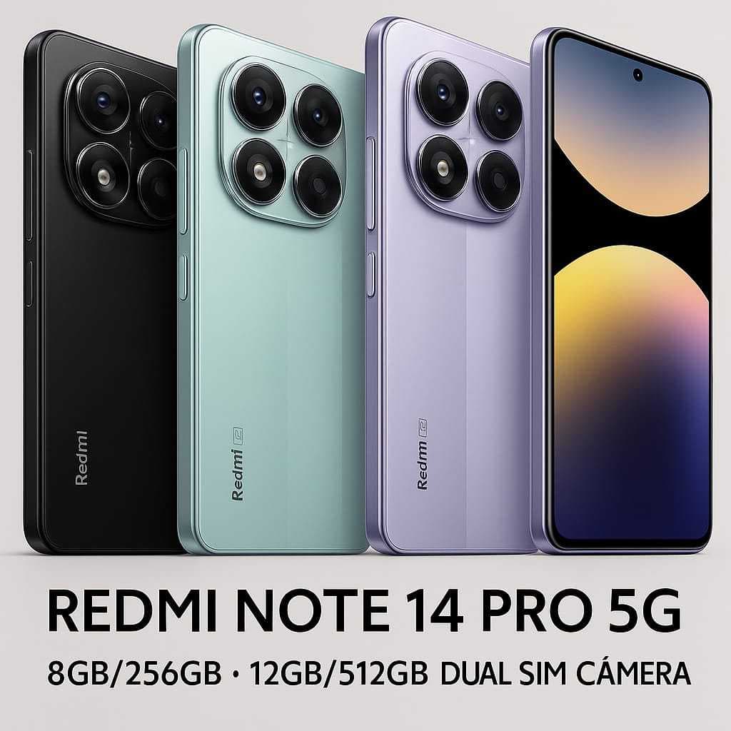 Xiaomi Redmi Note 14 Pro 5G em quatro cores: preto, turquesa, púrpura e cinza