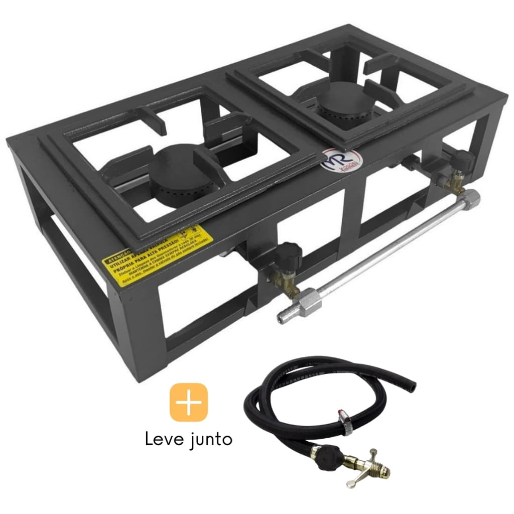 Fogão Industrial de Mesa Alta Pressão 2 bocas Fogareiro para camping ou caminhoneiro + Registro e Mangueira