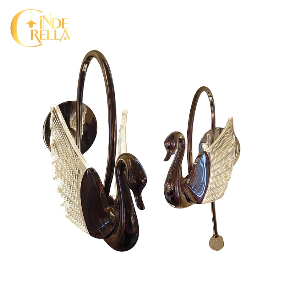 Arandelas modernas em forma de cisne com LED integrado, cor marrom e dourado, detalhes em cristal
