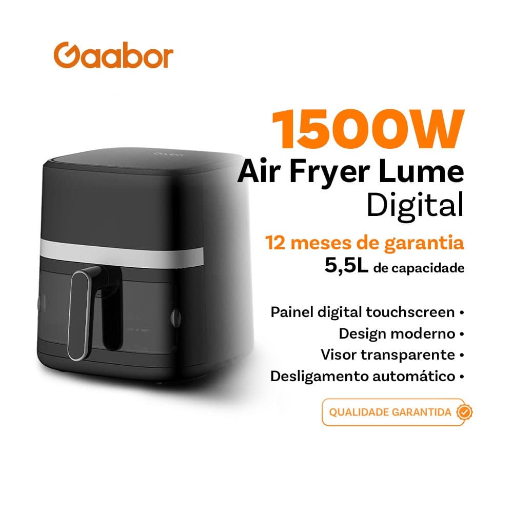 Gaabor Fritadeira Air Fryer Eletrica Digital com Visor Transparente Capacidade Jumbo 5,5 Litros Potencia AF65T-BK01