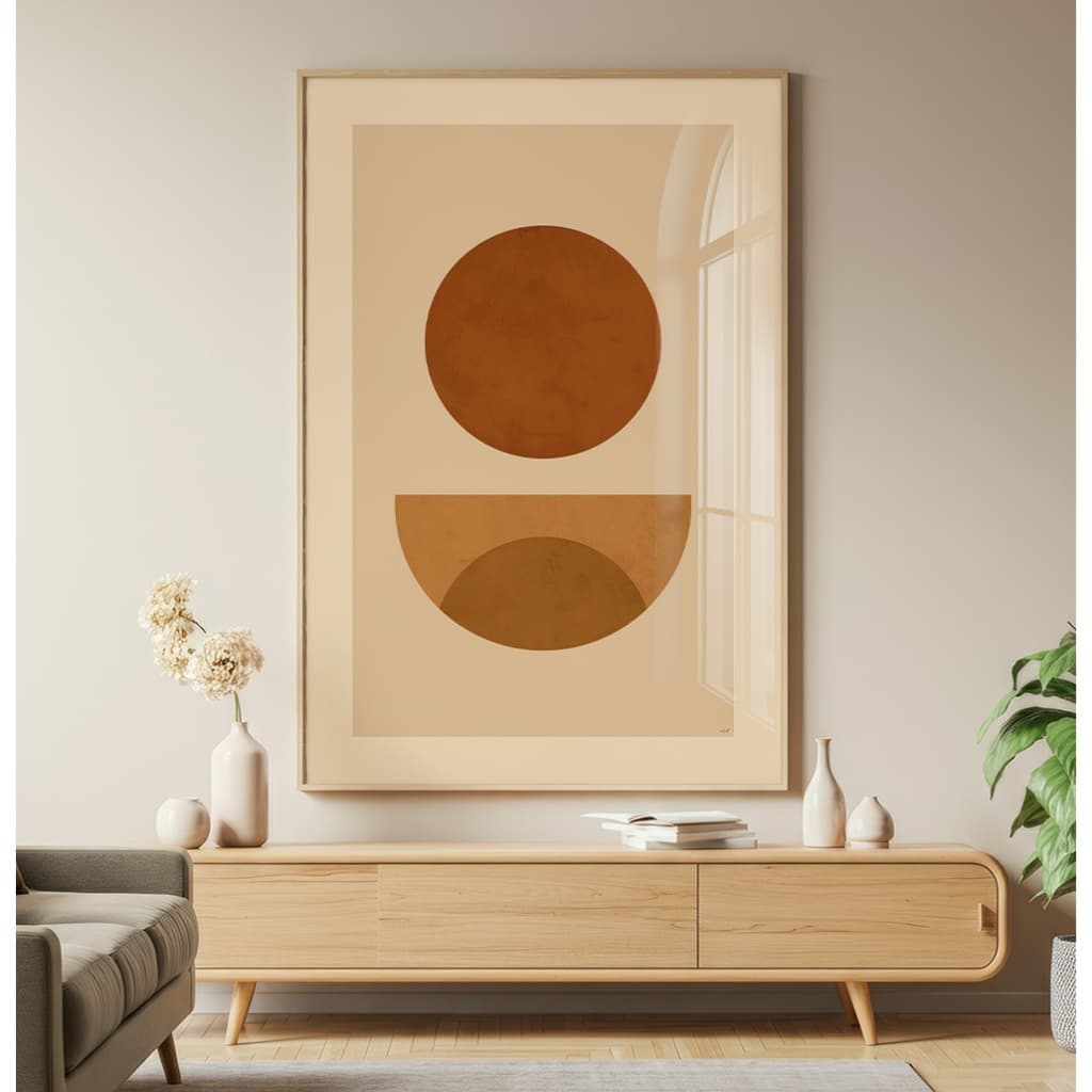 Quadro decorativo geométrico com círculos terrosos, estilo escandinavo, para sala, quarto ou escritório.