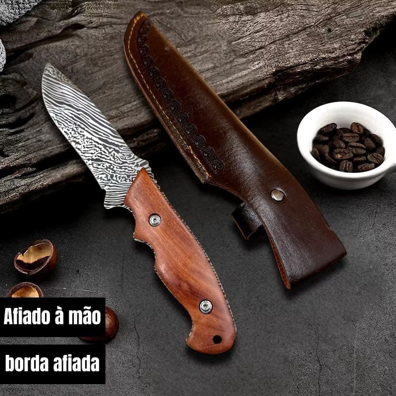 Faca Artesanal Fulltang Aço Damasco Premium Cabo Madeira