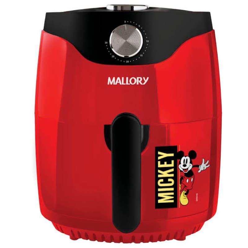 Fritadeira elétrica vermelha Mallory com tema Mickey, controle rotativo e ícone de Mickey na lateral.