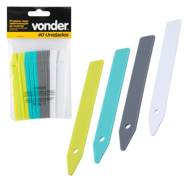 Pacote com 40 etiquetas de identificação de plantas da Vonder, cores neon e cinza, fundo branco.