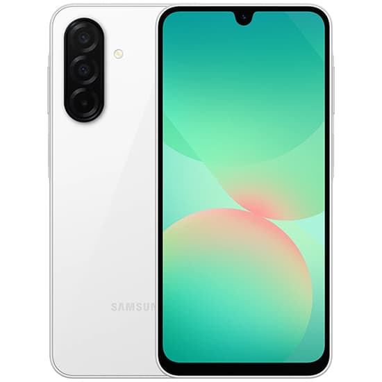 Smartphone Samsung Galaxy A26 branco com câmera quadrupla e tela de bordas finas