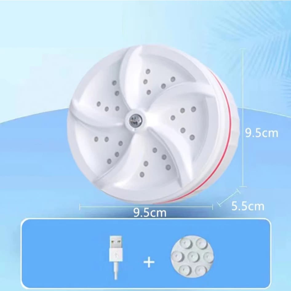 Mini máquina de lavar roupas portátil branca com dimensões de 9,5 cm de diâmetro e 5,5 cm de altura.
