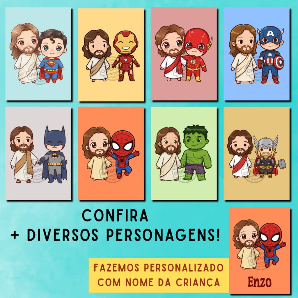 Quadros decorativos infantis personalizados com Jesus e heróis de desenhos animados, multicoloridos.
