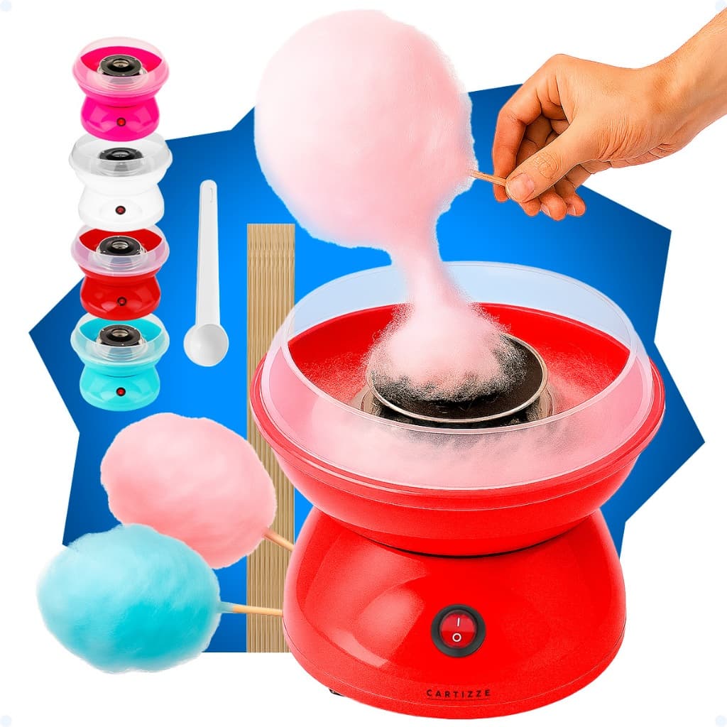 Máquina de algodão doce portátil vermelha produzindo algodão doce rosa e azul
