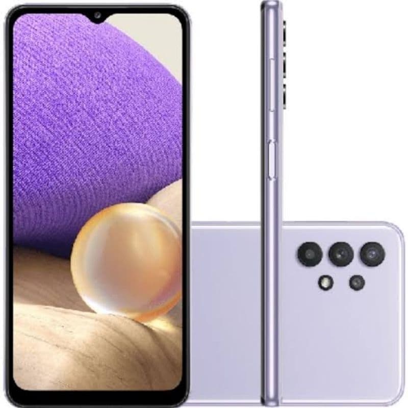 Celular Smartphone Samsung Galaxy A32 128GB Lilás, câmera quadrupla, flash LED, logotipo Samsung, fundo branco