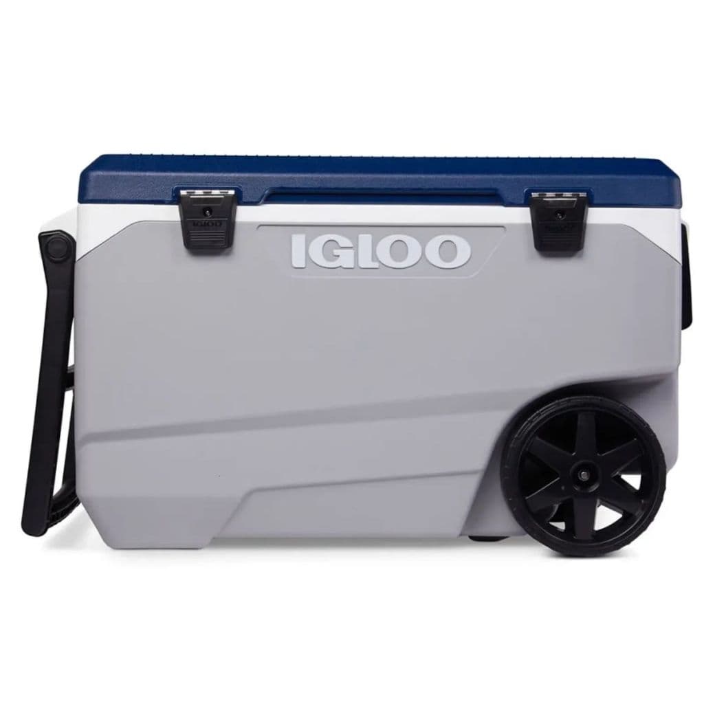 Caixa térmica Igloo 85L Ecocool com rodas e alças laterais, logo IGLOO, cinza e azul