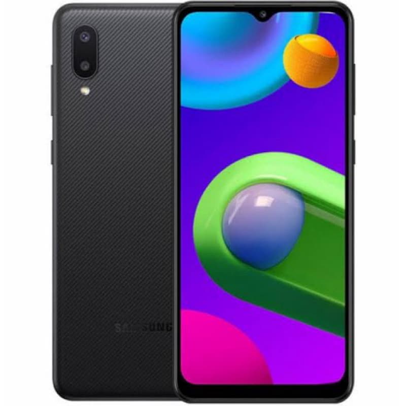 Smartphone Samsung Galaxy A02 Dual Sim 32GB Preto, exibindo a tela frontal com gráficos coloridos e a câmera traseira dupla.