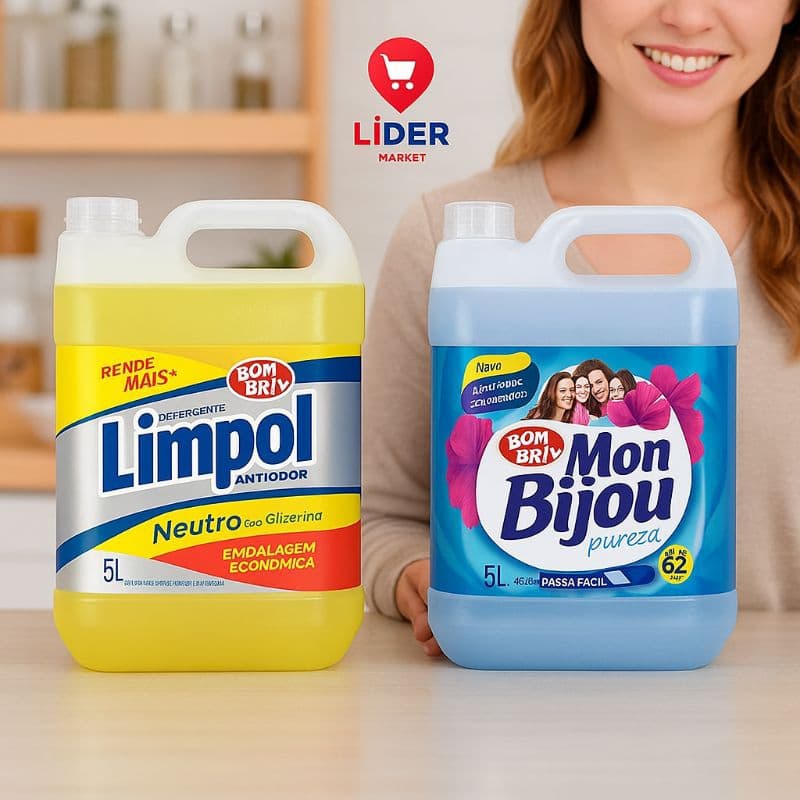 Kit limpeza lavanderia amaciante Mon Bijou 5 litros e detergente Limpol 5 litros
