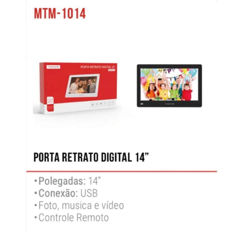 Porta retrato digital Tomate 14 polegadas com tela IPS, controle remoto, fotos, música, vídeo e relógio, em embalagem vermelha e branca.