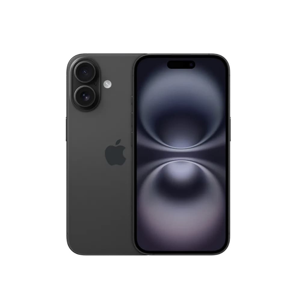 iPhone 16 128GB em grafite, vista traseira com três câmeras e logo da Apple
