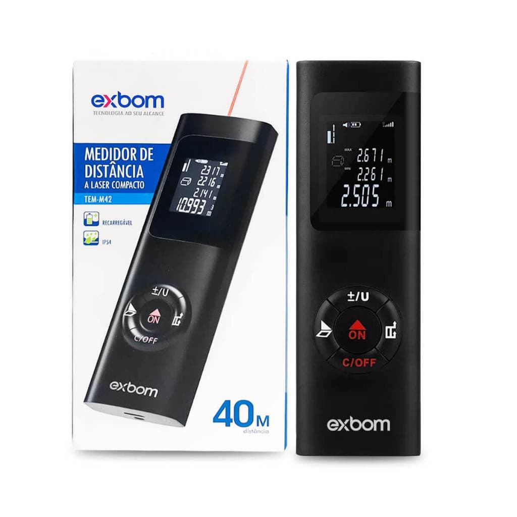 Medidor laser digital Exbom preto com embalagem