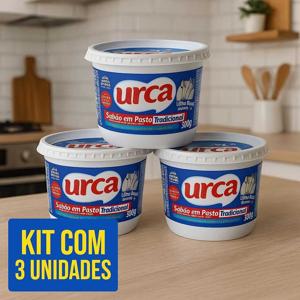 Kit com 3 potes de sabão em pasta Urca 500g cada para limpeza pesada de cozinha