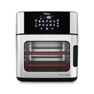Fritadeira Air Fryer Philco 16L 220V, aço inoxidável, painel digital, 4 funções, 180°C, cestas vermelhas.