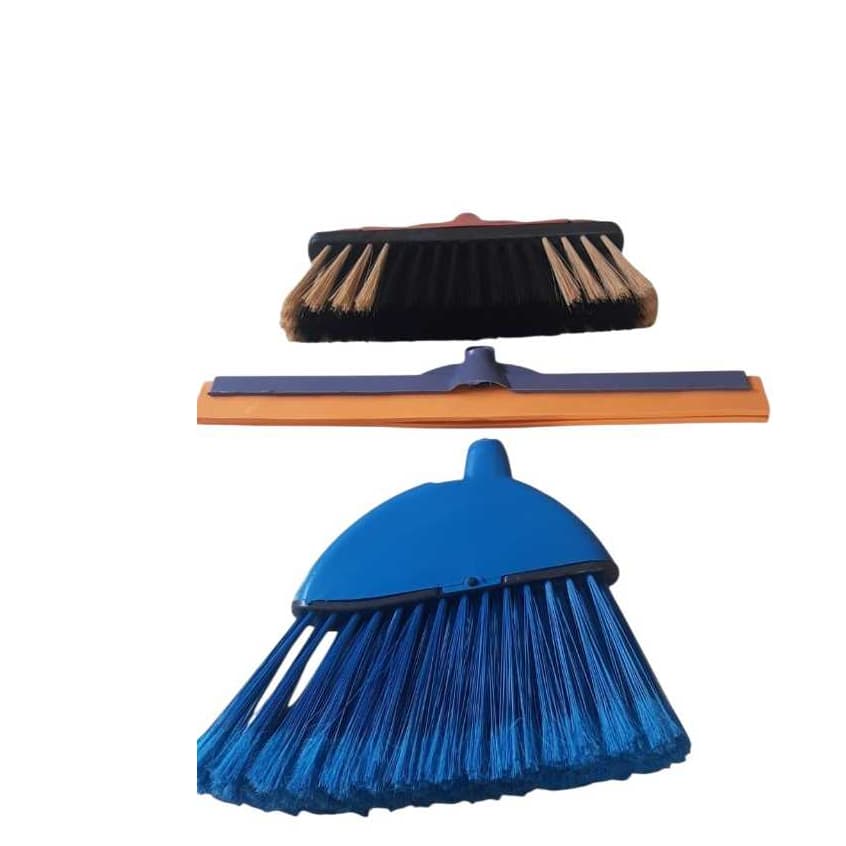 Kit de limpeza com vassoura de pelo, vassoura de canto e rodo plástico