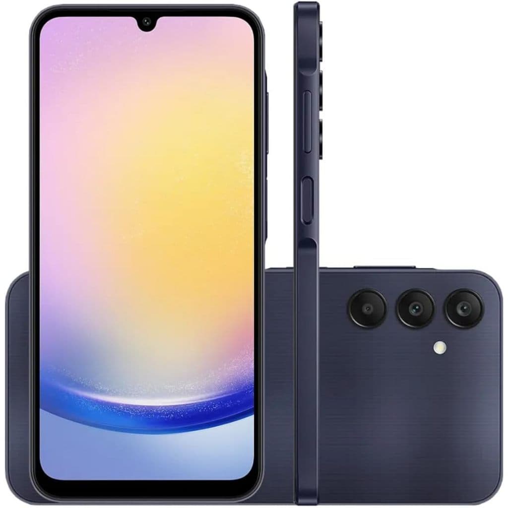 Smartphone Samsung Galaxy A25 5G Dual Sim em azul escuro com quatro câmeras na parte traseira