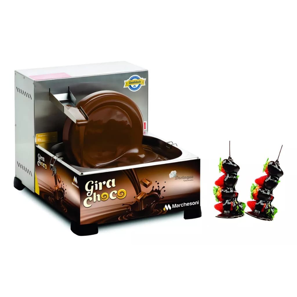 Derretedeira de Chocolate Gira Choco 5KG Marchesoni 127V/220V com palitos de chocolate e frutas vermelhas