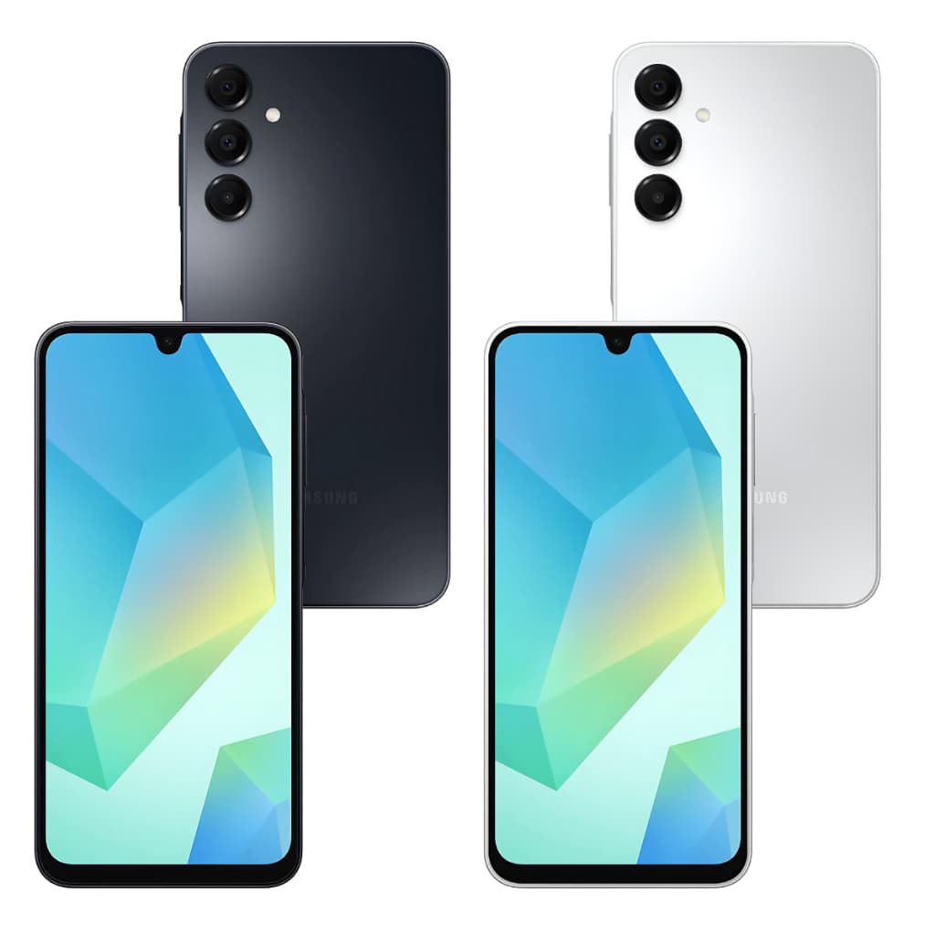 Smartphone Samsung Galaxy A16 4G 128GB em quatro ângulos, tela Super AMOLED, câmera tripla, disponível em preto e branco.