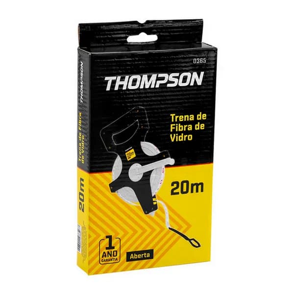 Embalagem da Fita Trena de Fibra de Vidro Aberta 30m Thompson 0366, 20 metros, fundo preto e amarelo