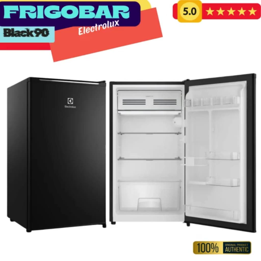 Geladeira Electrolux Black 92 Efficient 92L, preta, com portas abertas mostrando o interior vazio