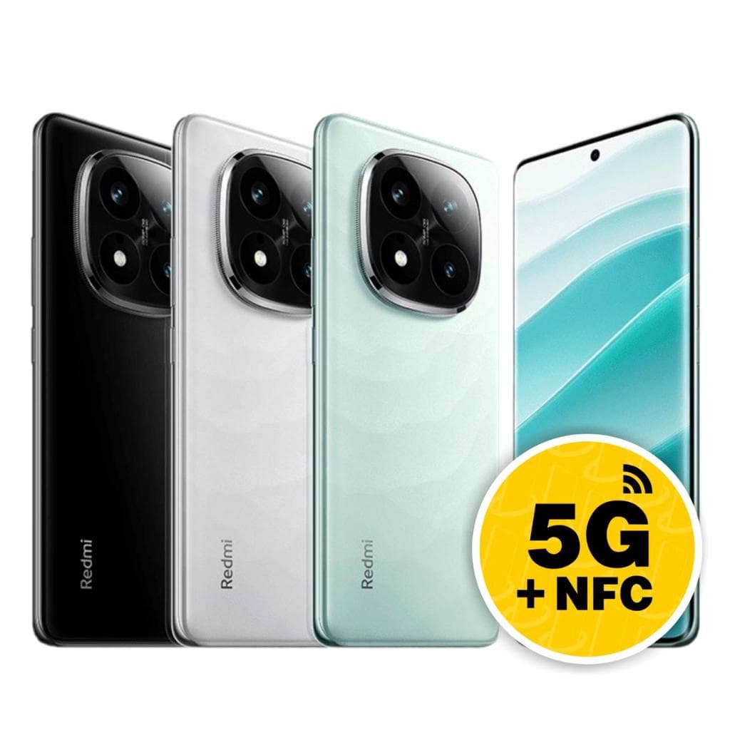 Celular Xiaomi Redmi Note 14 Pro+ 5G em três cores: preto, branco e turquesa