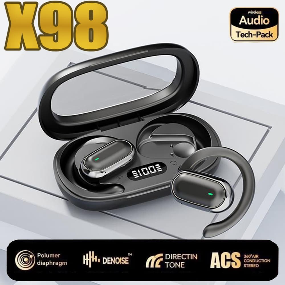 Fones de ouvido Bluetooth X98 sem fio, design esportivo, display digital, fundo branco