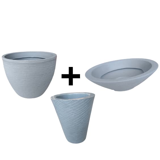 Kit 3 Vasos de Plantas Rústicos Cinza - Grande, Médio e Mini com Listras
