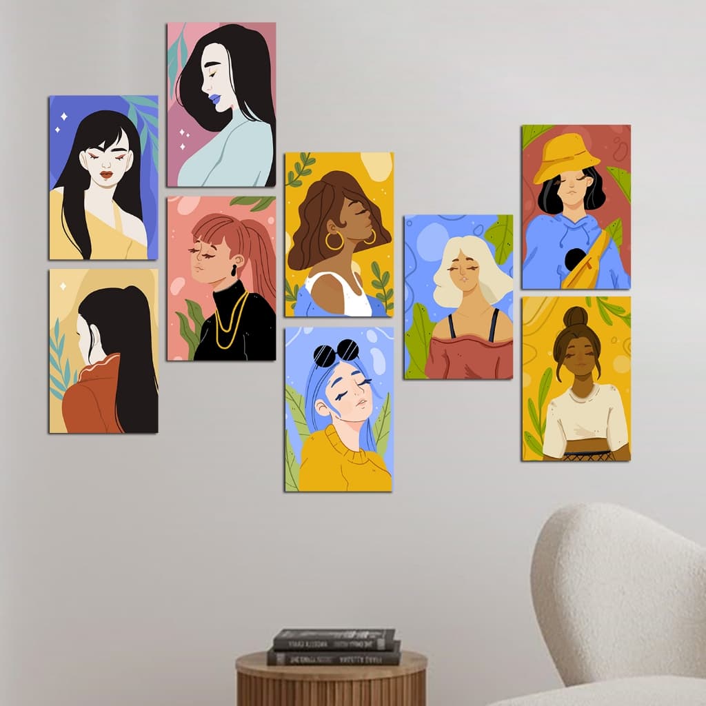 Kit com 9 quadros decorativos femininos minimalistas em MDF, estilos variados, montados na parede.
