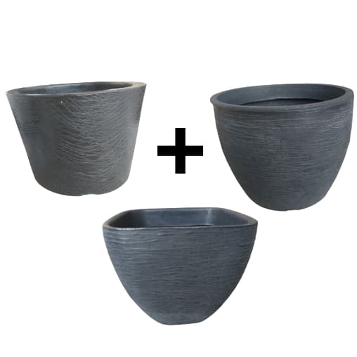 Kit 3 vasos de plantas rústicos cinza escuro em estilo cônico, grande e quadrado
