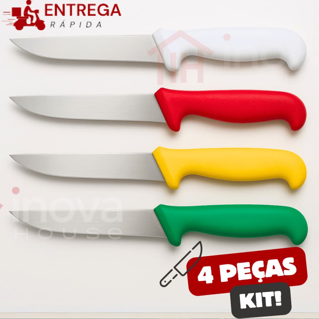 Kit com quatro facas profissionais para desossar de açougueiro com cabos coloridos