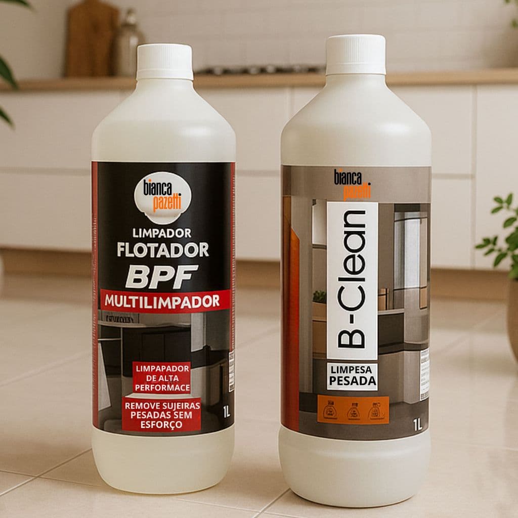 Frasco de limpador multiuso B-Clean e BPF Flotador lado a lado em uma cozinha