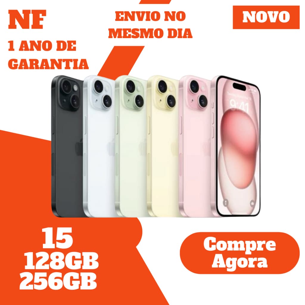 iPhone 15 128GB e 256GB em várias cores, lacrado, novo com garantia de 1 ano