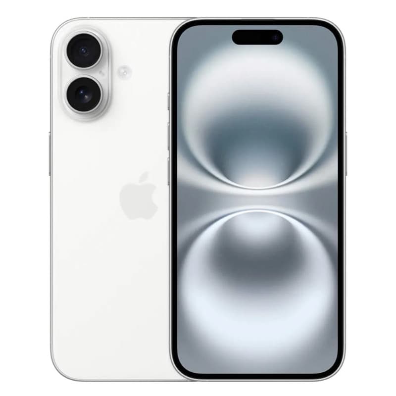 iPhone 16 branco com duas câmeras e logotipo da Apple, tela desligada.