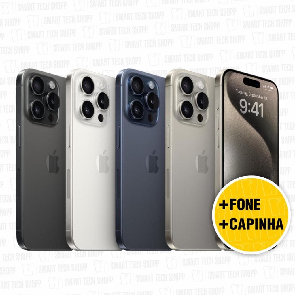 iPhone 15 Pro e Pro Max em cores preto, branco, azul e prata com oferta de acessório