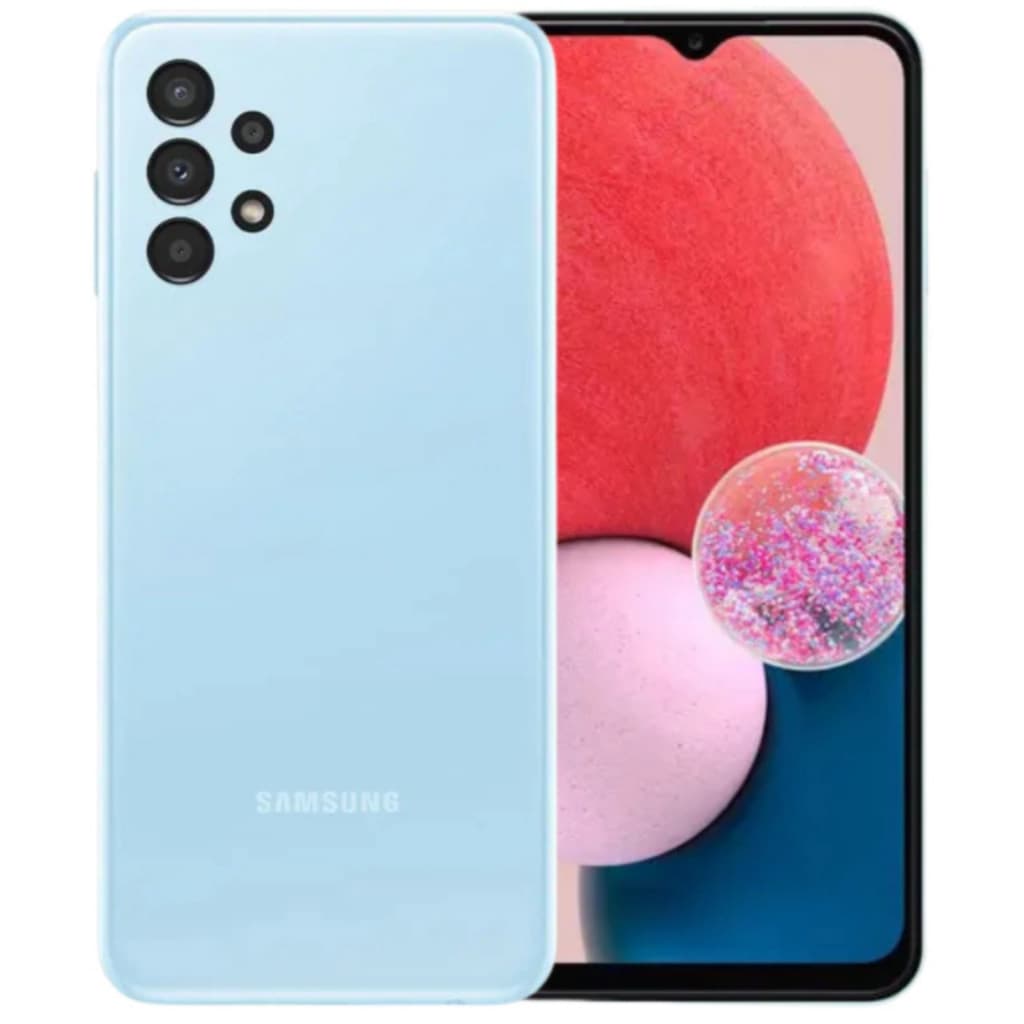 Smartphone Samsung Galaxy A13 azul 128GB, vista traseira com quatro câmeras e logotipo Samsung