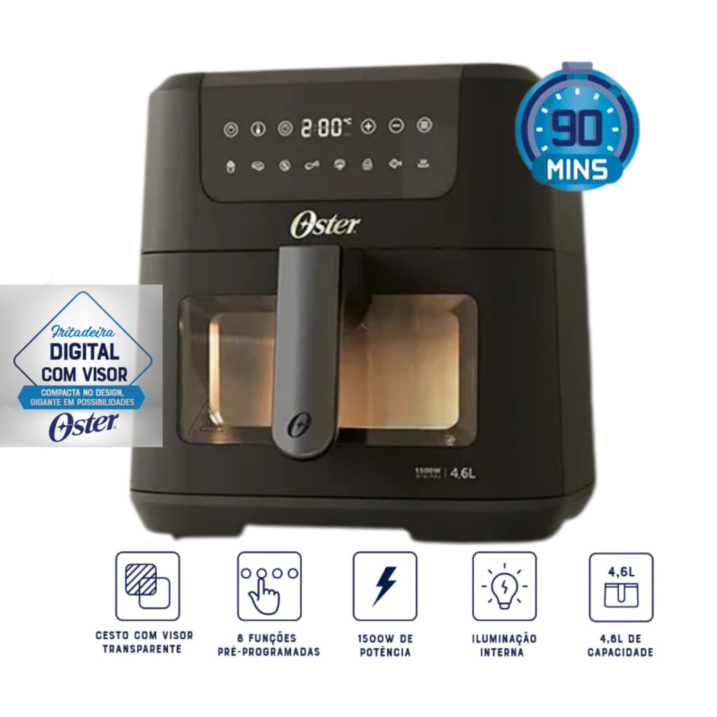 Fritadeira Air Fryer Elétrica Digital Clear Oster 4,6L Com Visor Transparente 1500W OFRT970 Preto