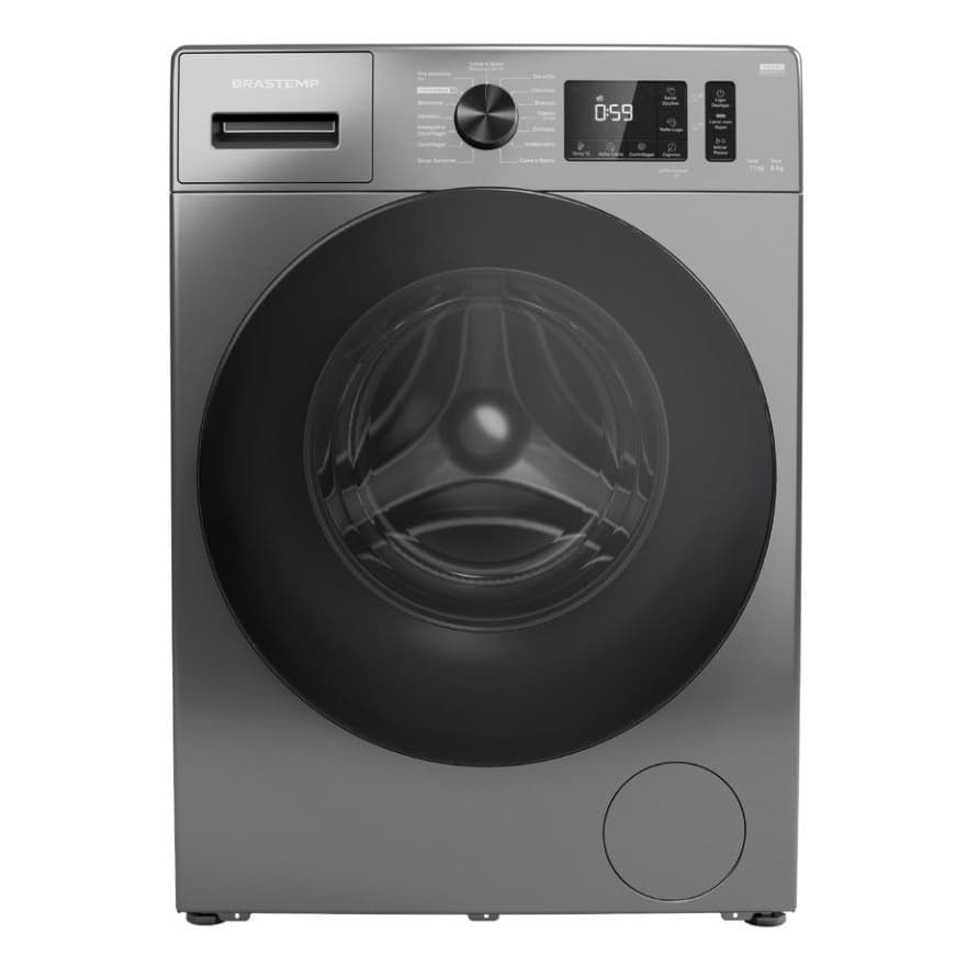 Lavadora e secadora Brastemp Titanium BNO11AS, cinza escuro, painel digital, tambor transparente, fundo branco